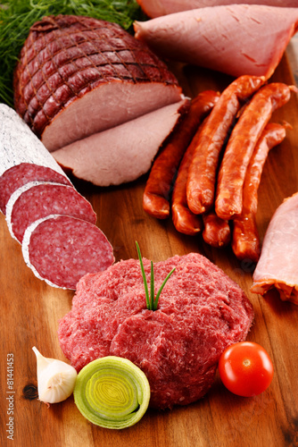 Assorted meat products including ham and sausages