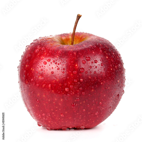 red apple in drops of water on a white background