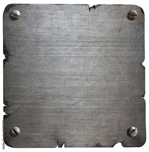 Old torn metal plate with bolts isolated
