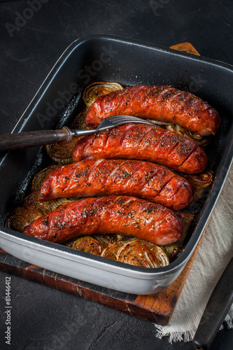 Baked sausages.