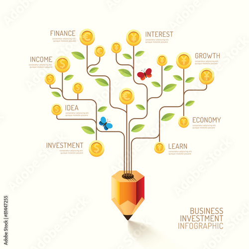 Infographic business pencil tree and coins flat line idea. Vecto