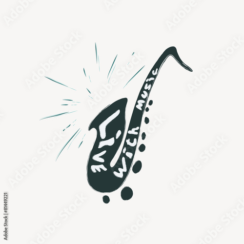 Illustration of grunge label with saxophone