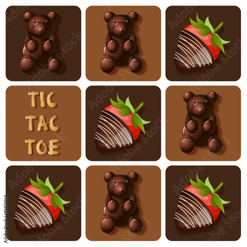 Tic-Tac-Toe of chocolate covered strawberry and jelly gummy