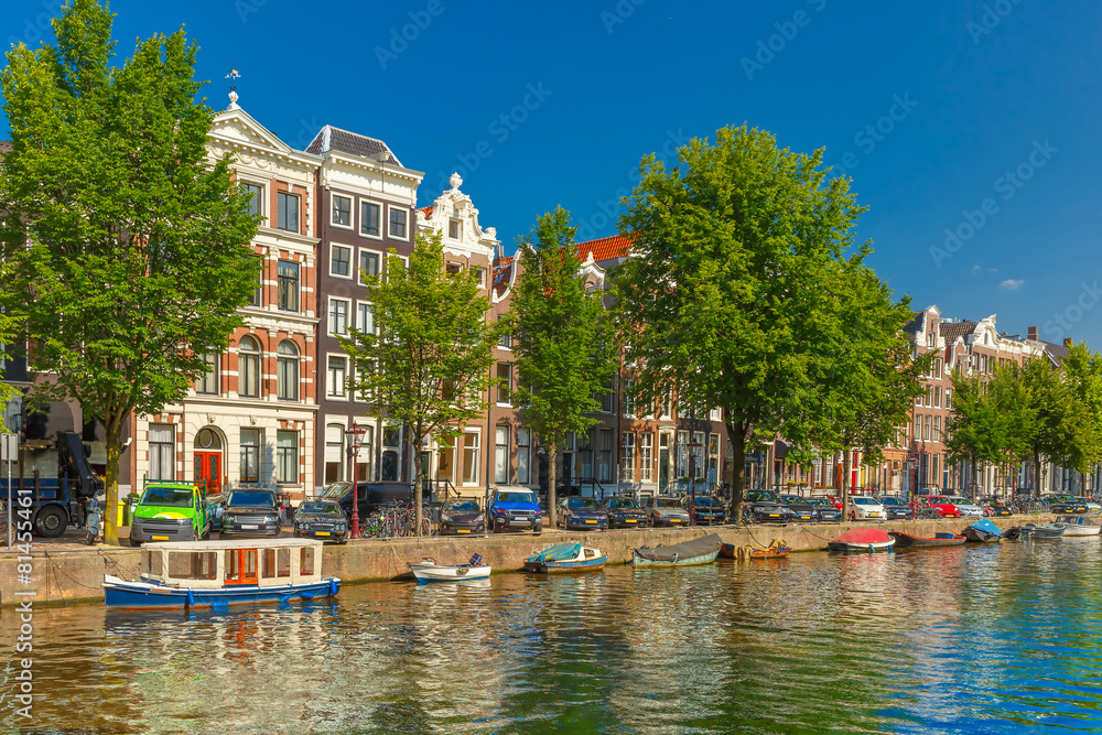 Amsterdam canals and typical houses, Holland, Netherlands.
