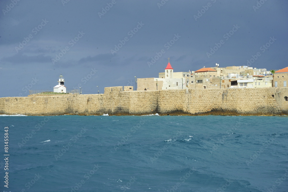View from the sea side on the walls of the old Acre port fortress 