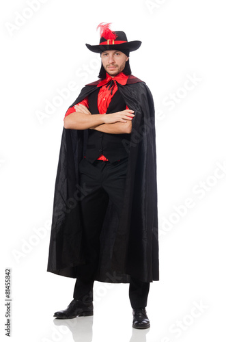 Young man in carnival coat isolated on white