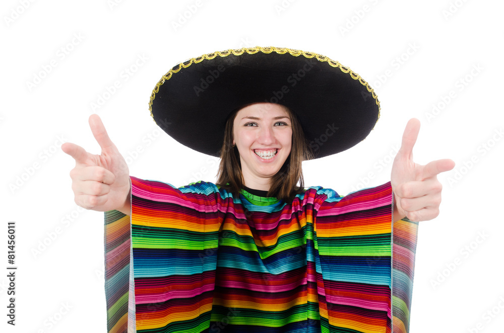 Pretty mexican girl in vivid pocho isolated on white Pretty mexican girl in vivid pocho isolated on white