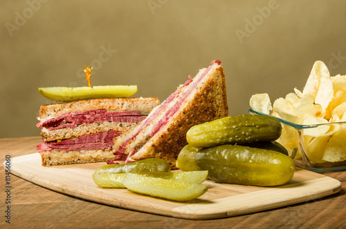 Reuben sandwich with dill pickles