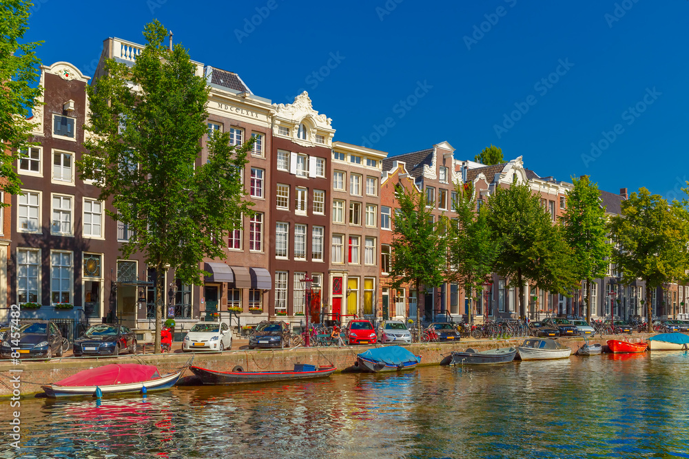 Amsterdam canals and typical houses, Holland, Netherlands.