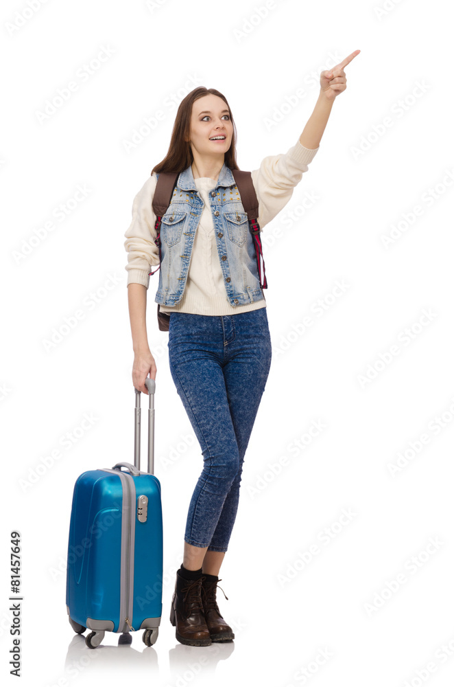 Young smiling girl with bag isolated on white Young smiling girl with bag isolated on white