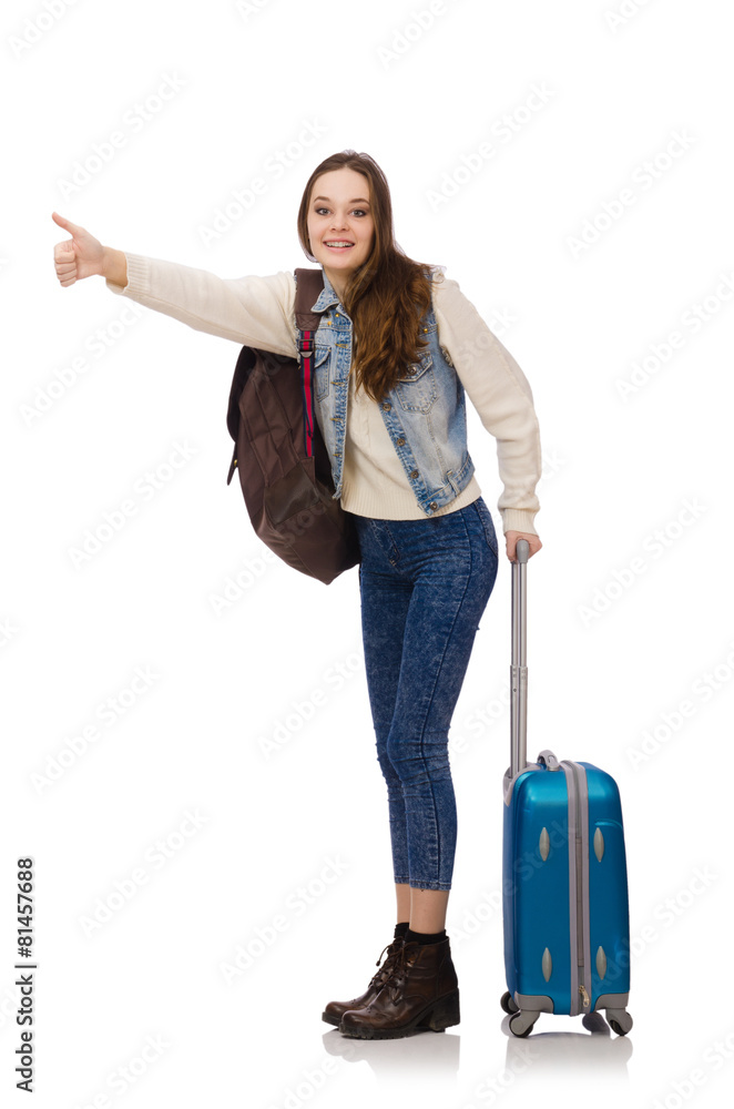 Young smiling girl with bag isolated on white Young smiling girl with bag isolated on white