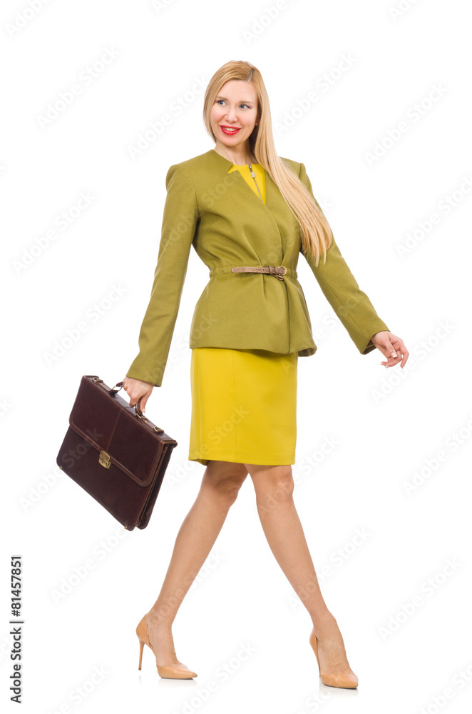 Young woman in vivid jacket and with briefcase isolated on white Young woman in vivid jacket and with briefcase isolated on white
