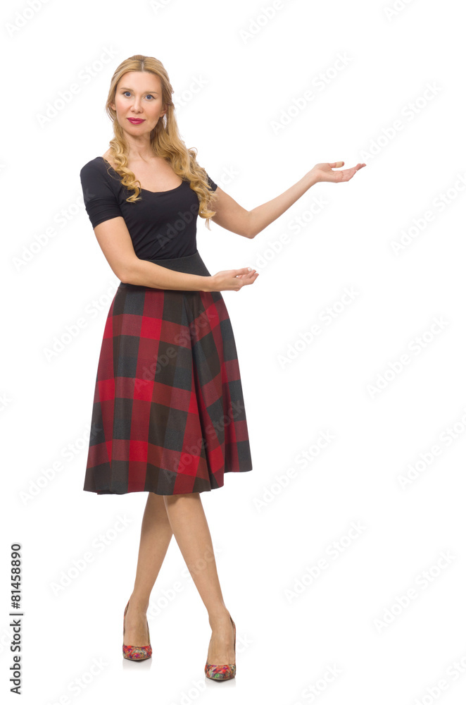 Beautiful young woman in plaid dress isolated on white Beautiful young woman in plaid dress isolated on white