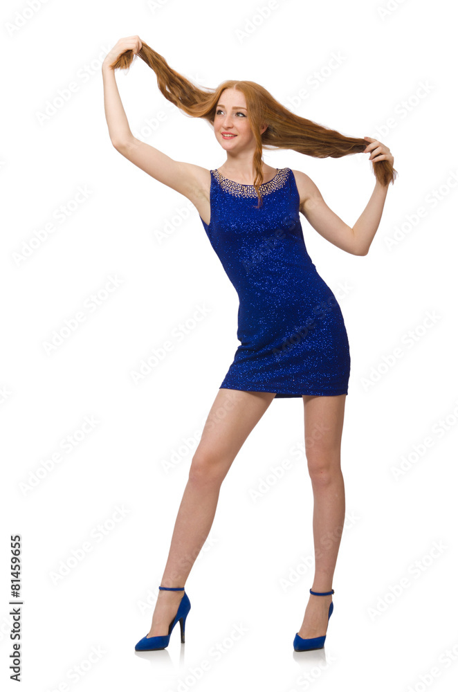 Pretty red hair girl in blue dress isolated on white Pretty red hair girl in blue dress isolated on white