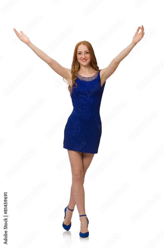 Pretty red hair girl in blue dress isolated on white Pretty red hair girl in blue dress isolated on white