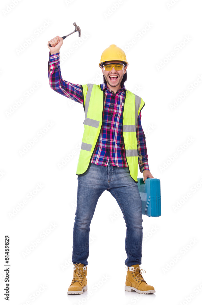 Young construction worker with toolbox isolated on white Young construction worker with toolbox isolated on white