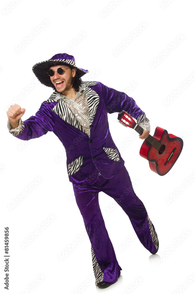 Naklejka premium Man in funny clothing holding guitar isolated on white