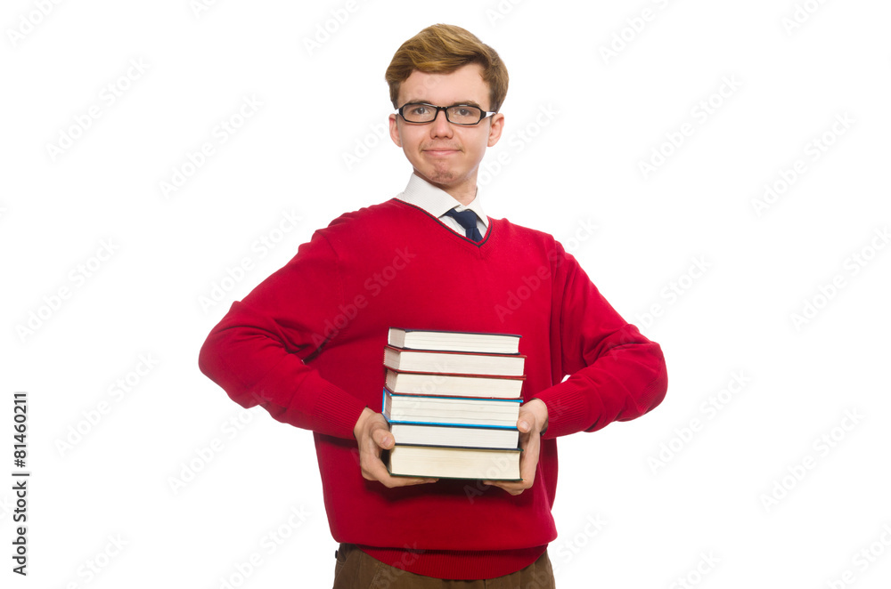 Funny student with books isolated on white Funny student with books isolated on white