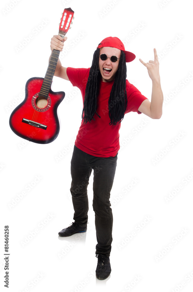 Positive boy with guitar isolated on white Positive boy with guitar isolated on white