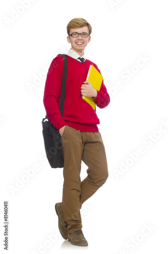 Student with bag and paper isolated on white