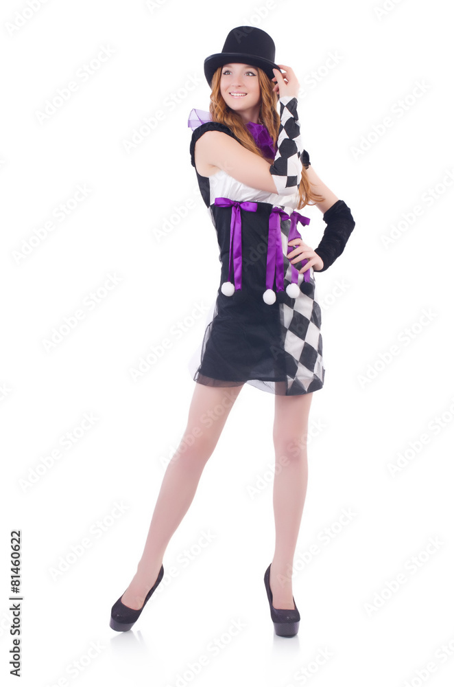 A girl in harlequin costume isolated on white A girl in harlequin costume isolated on white