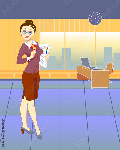 Girl secretary with documents in the office.