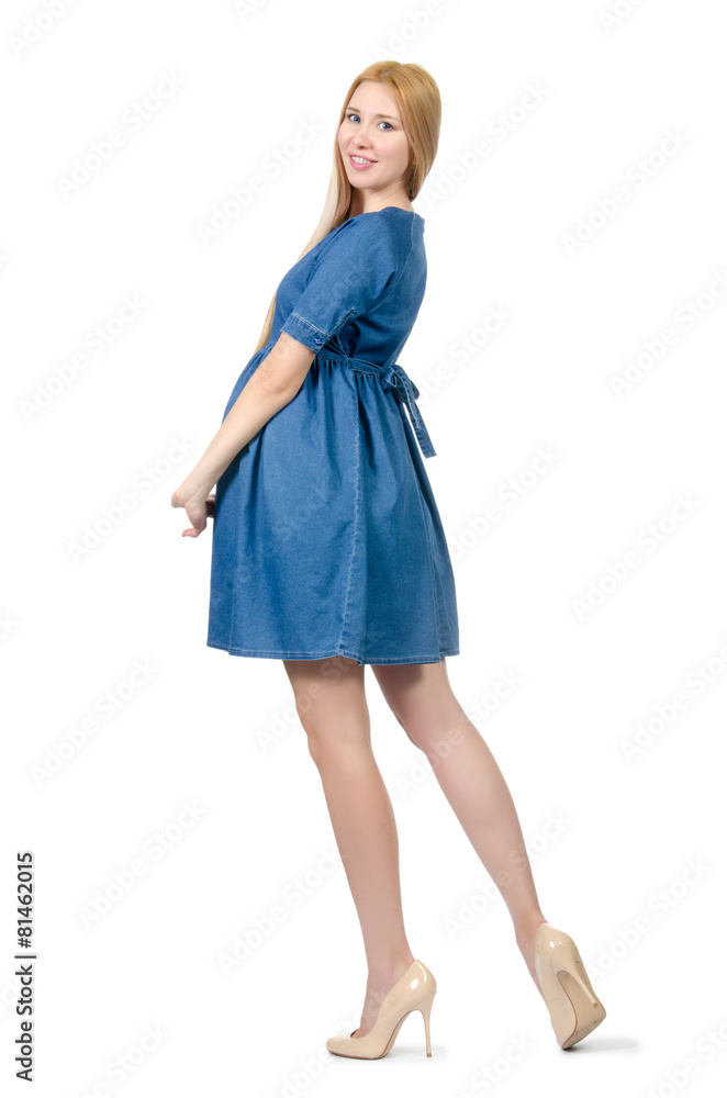 Beautiful pregnant woman in blue dress isolated on white Beautiful pregnant woman in blue dress isolated on white
