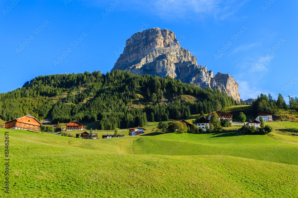 Green meadow and alpine houses in Colfosco village, Austria