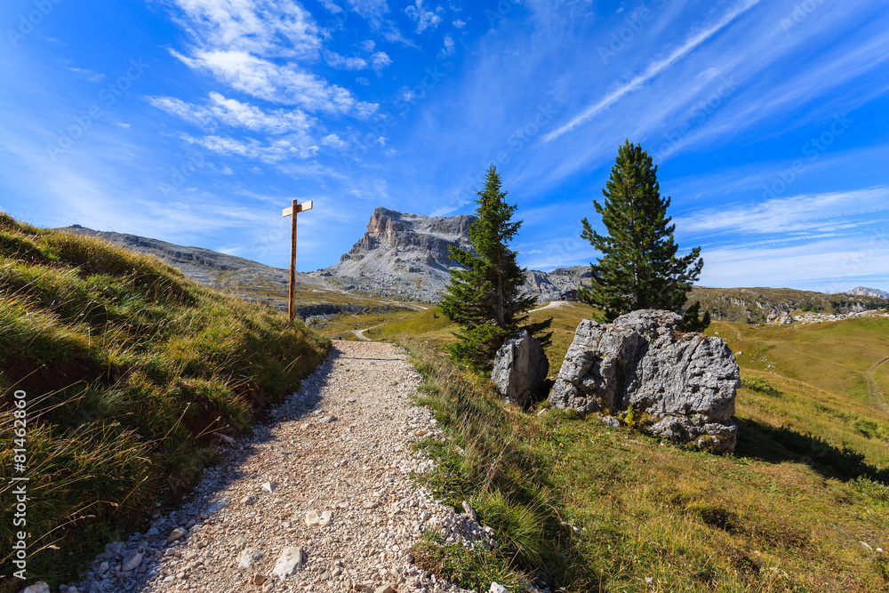 Path to Cinque Torri rock in Dolomites Mountains, Italy
