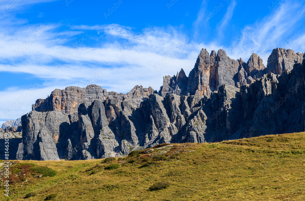 View of Dolomites Mountains from Passo Giau in autumn, Italy