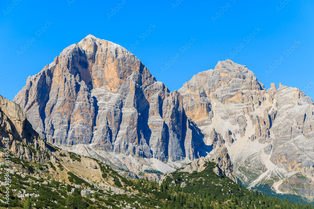 View of Dolomites Mountains from Passo Giau in autumn, Italy