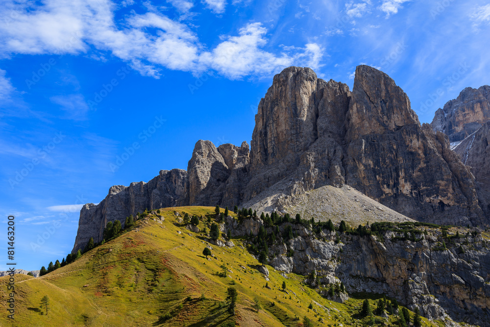 View of Dolomites Mountains at Passo Gardena, Italy