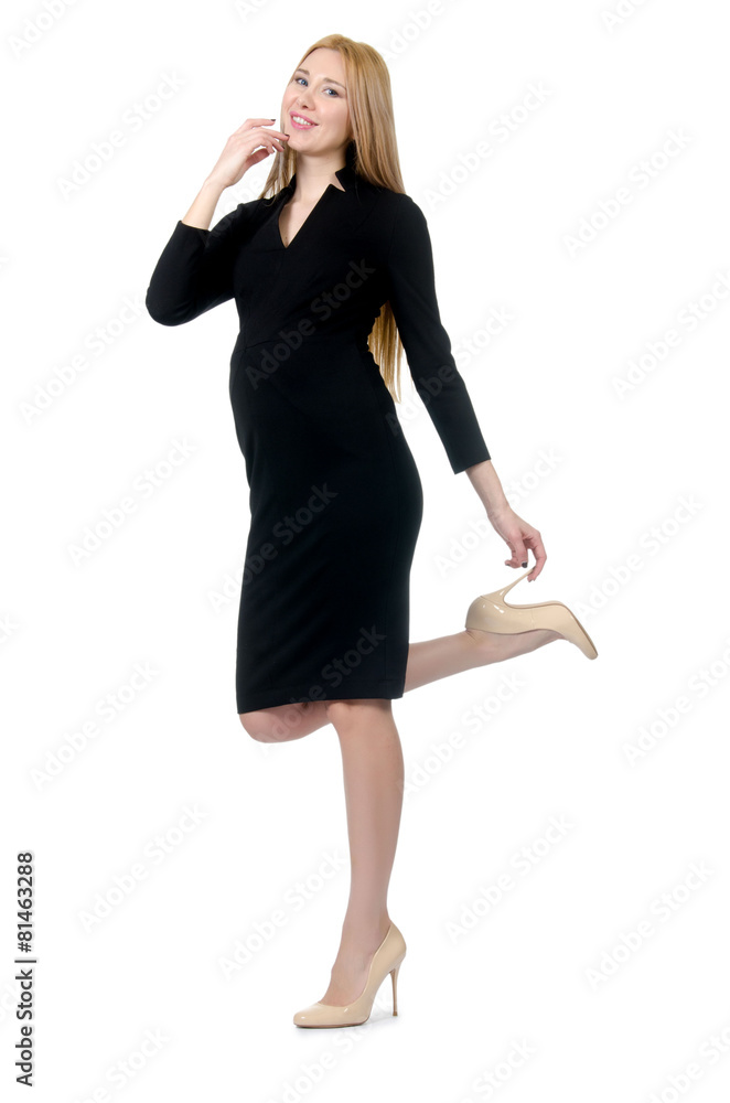 Pretty pregnant woman in black dress isolated on white Pretty pregnant woman in black dress isolated on white
