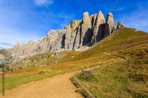 Hiking trail at Passo Sassolungo in Dolomites Mountains, Italy