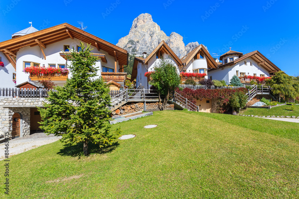 Alpine houses in La Villa village, Dolomites Mountains, Italy