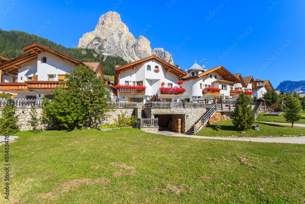 Alpine houses in La Villa village, Dolomites Mountains, Italy