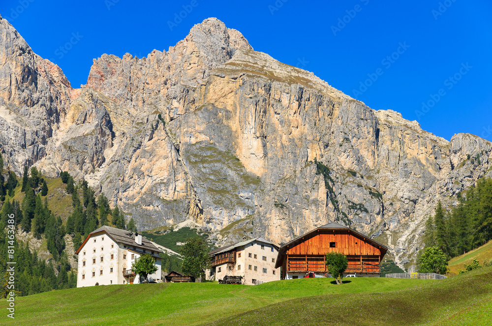 Alpine houses on green meadow in Dolomites Mountains, Italy