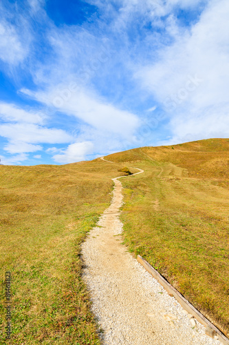 Hiking path in Dolomites Mountains near Passo Gardena  Italy