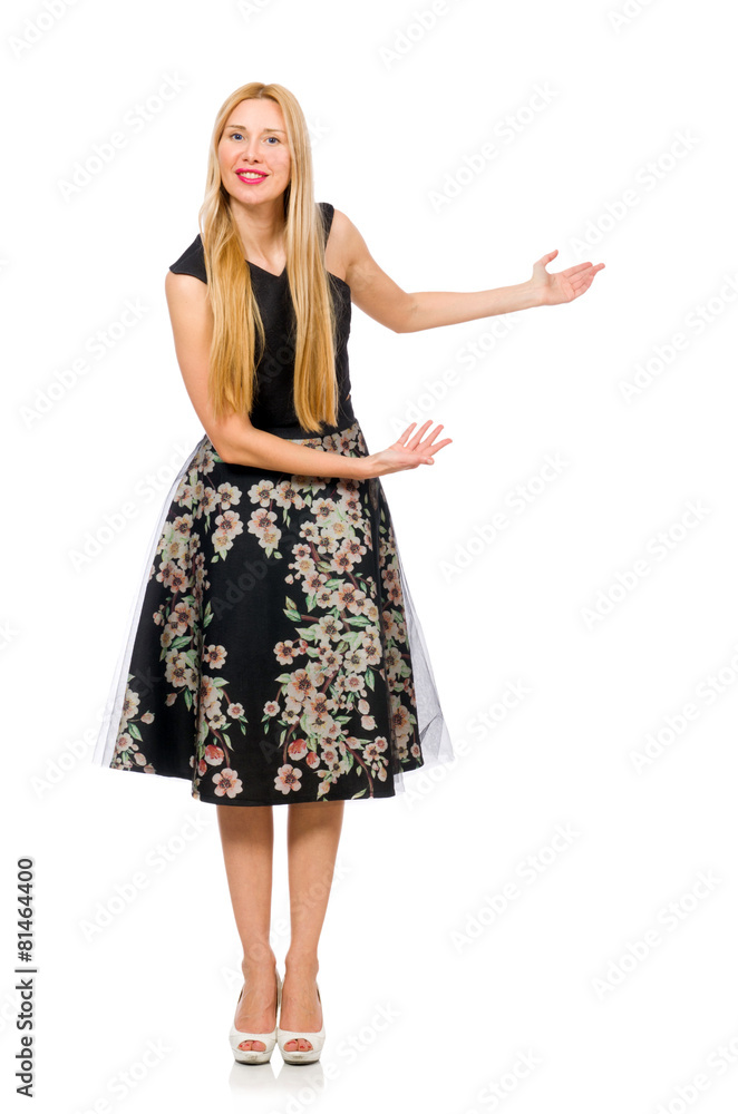 Woman in floral dark skirt isolated on white Woman in floral dark skirt isolated on white