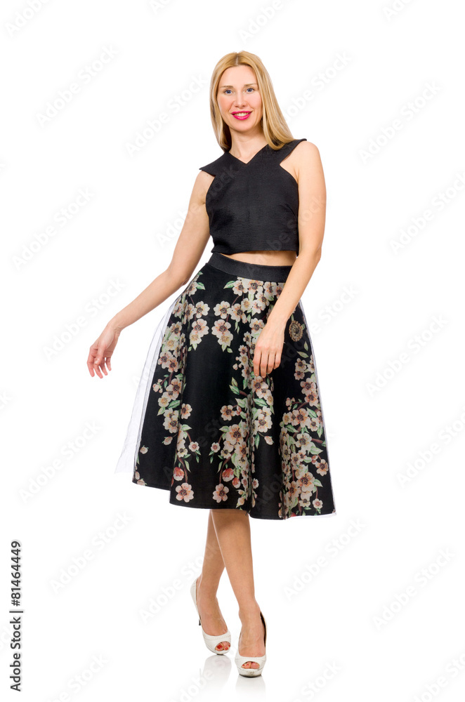 Woman in floral dark skirt isolated on white