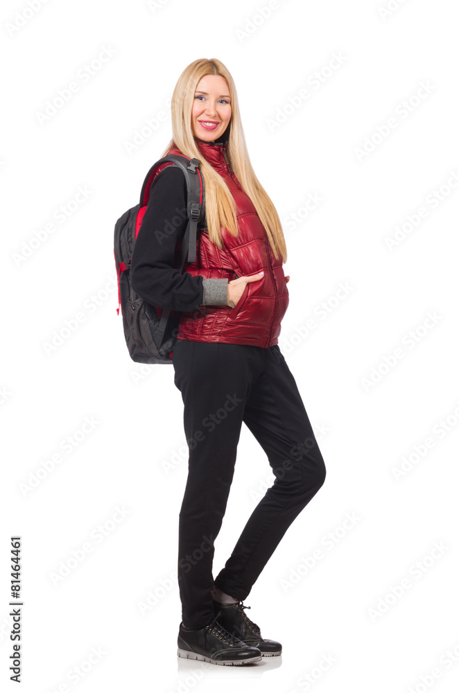 Young woman student with backpack isolated on white Young woman student with backpack isolated on white