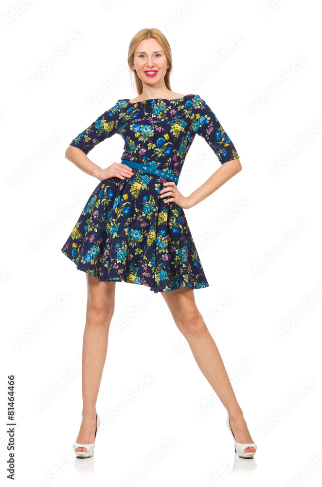 Woman in dark blue floral dress isolated on white Woman in dark blue floral dress isolated on white