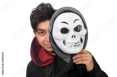 Man in horror costume with mask isolated on white photo