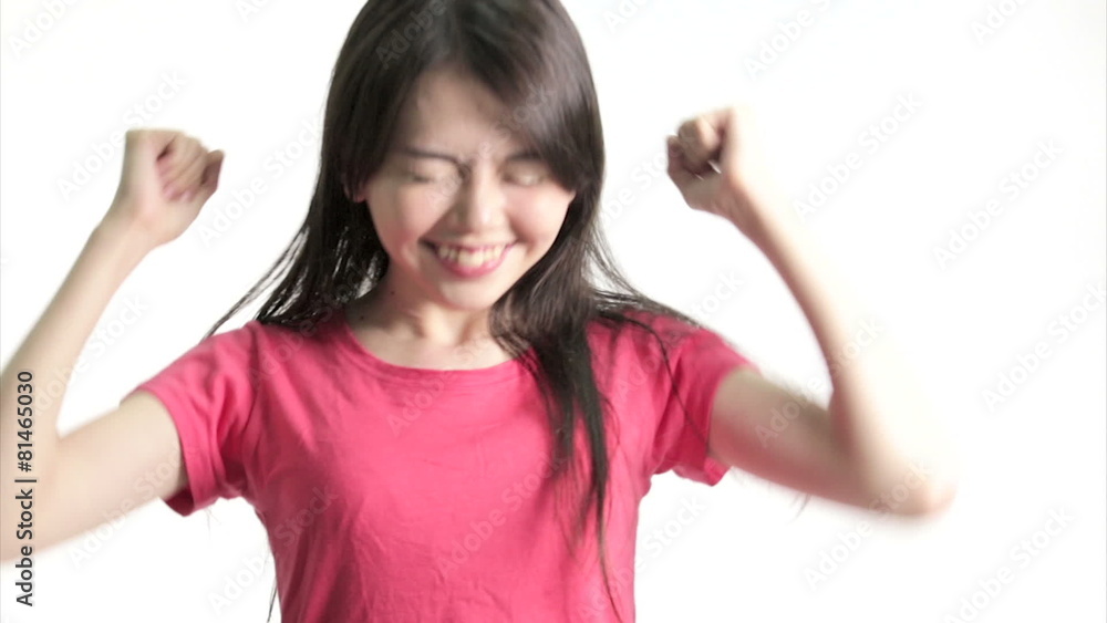 Chinese woman excited and happy, Medium Close Up in studio on wh Chinese woman excited and happy, Medium Close Up in studio on wh