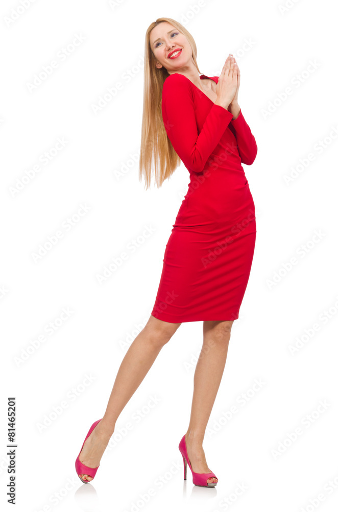 Pretty blond lady in red dress isolated on white Pretty blond lady in red dress isolated on white