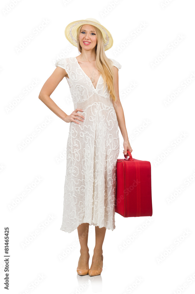 Woman with red suitcase isolated on white Woman with red suitcase isolated on white
