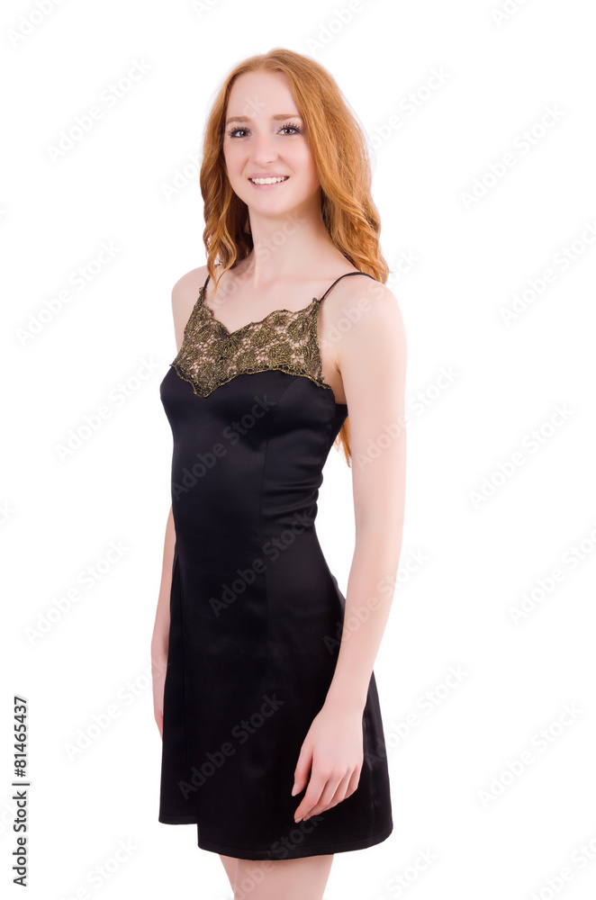 A girl in elegant black mini dress isolated on white A girl in elegant black mini dress isolated on white