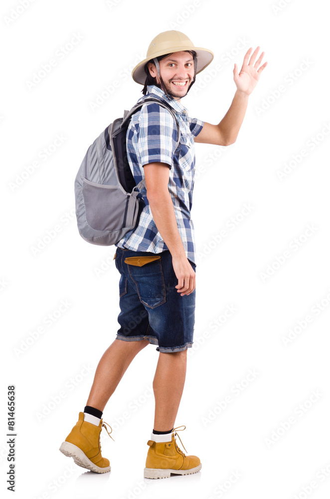 Young traveler with rucksack isolated on white Young traveler with rucksack isolated on white