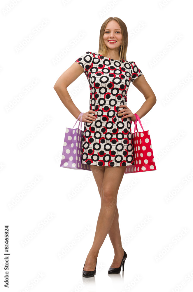 Young woman after shopping isolated on the white Young woman after shopping isolated on the white