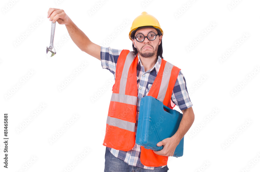 Funny young construction worker with toolbox and wrench isolated